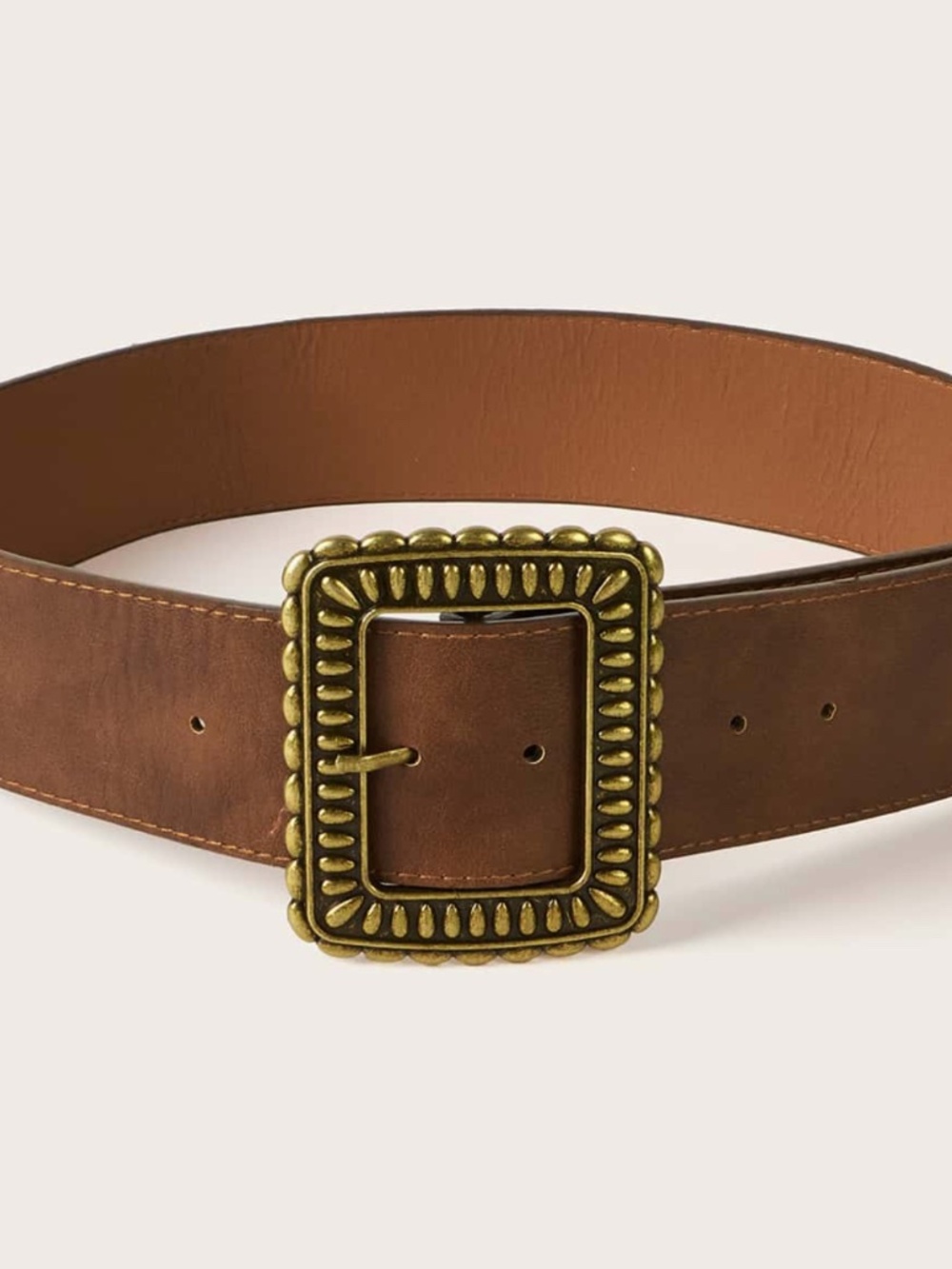 Western Gold Tone Square Buckle Brown Vegan Leather Wide Belt - Picture 3 of 5